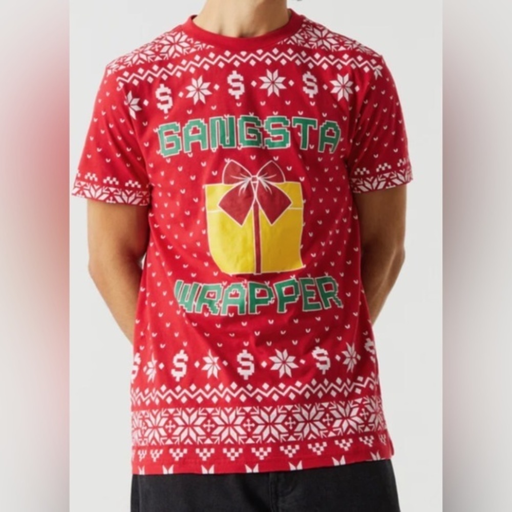 Mens Crew Neck Short Sleeve Gansta Wrapper Snowflakes Christmas T-Shirt Tee Red